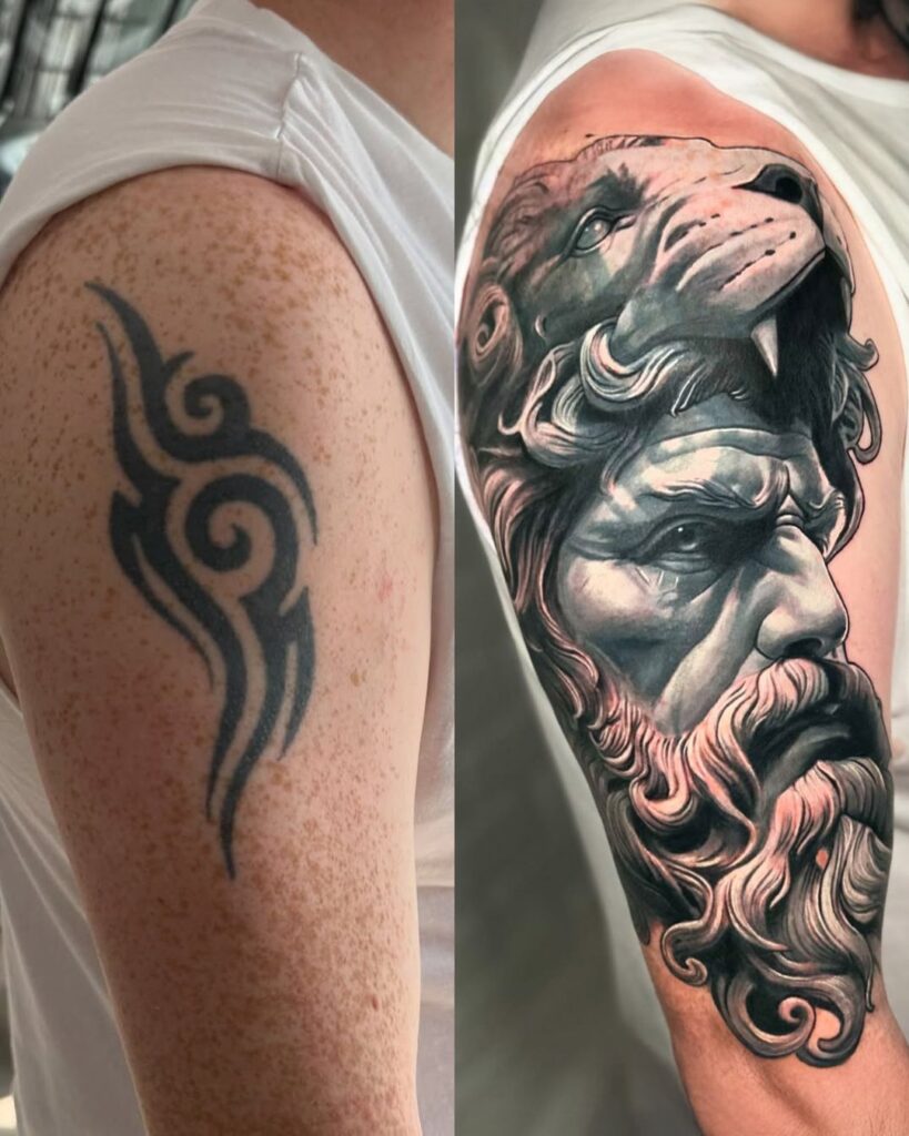 A small tribal tattoo is covered by a Greek mythology portrait tattoo.
