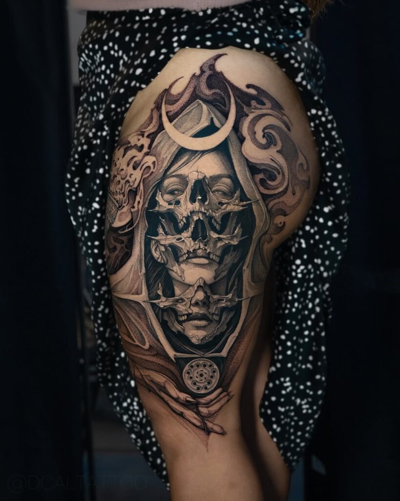 An illustrative black and grey tattoo of Hecate - Greek goddess of witchcraft, magic, crossroads, and night.