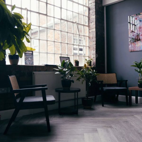 The waiting area at No Regrets' Birmingham tattoo studio.