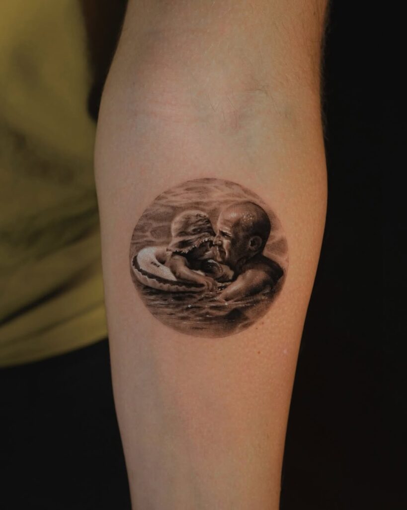 A micro realism tattoo of a ma holding his daughter in water 