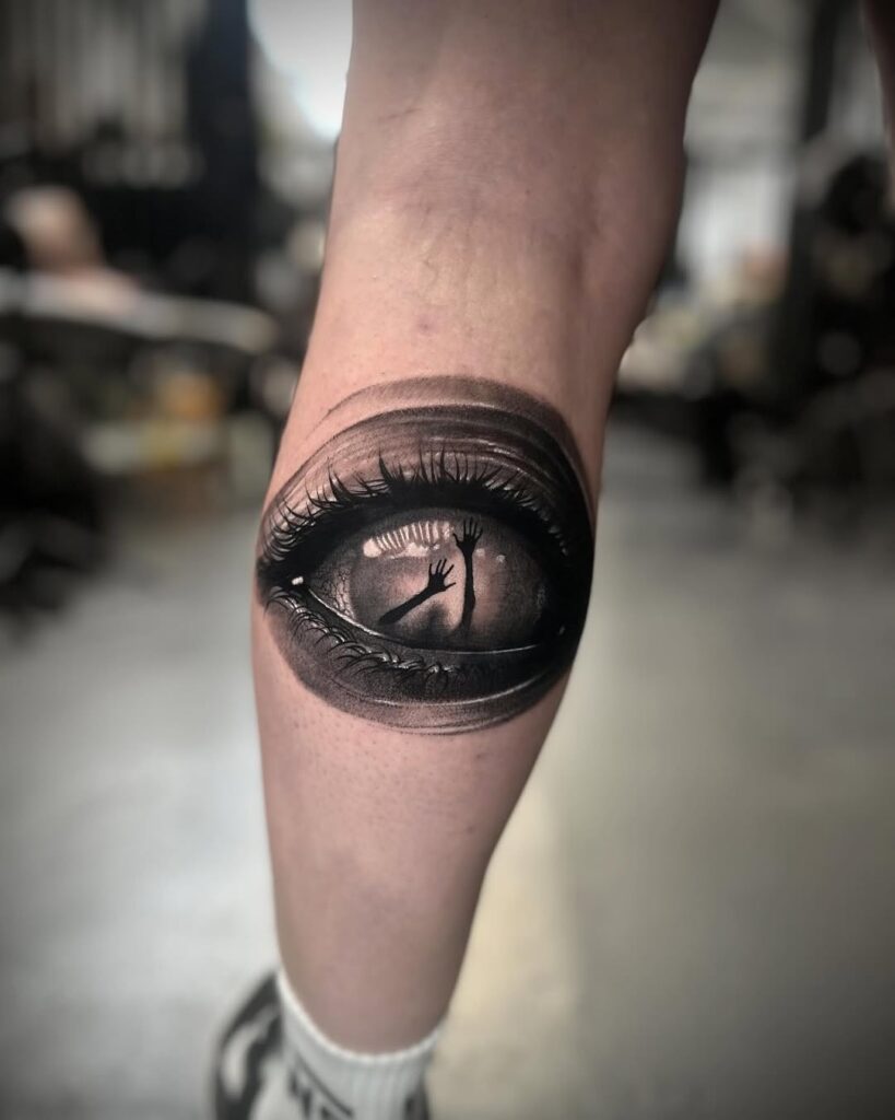 A leg tattoo of an eye with hands in it. 