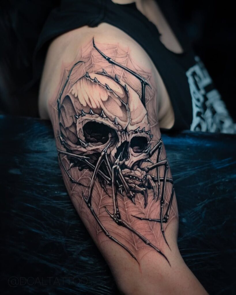 An illustrative Halloween tattoo of a skull and a spider