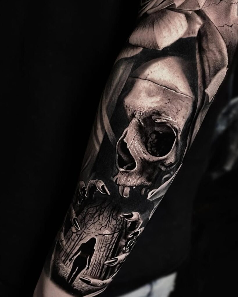 A black and gray realism skull tattoo