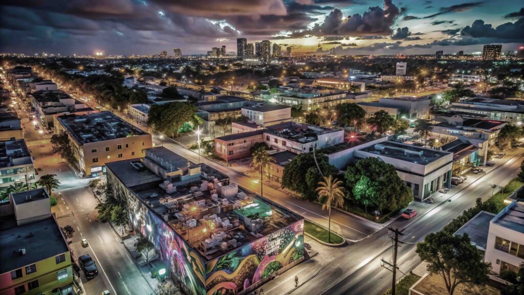 Wynwood Walls Miami Aerial Night Photography - Vibrant Street Art Illuminated