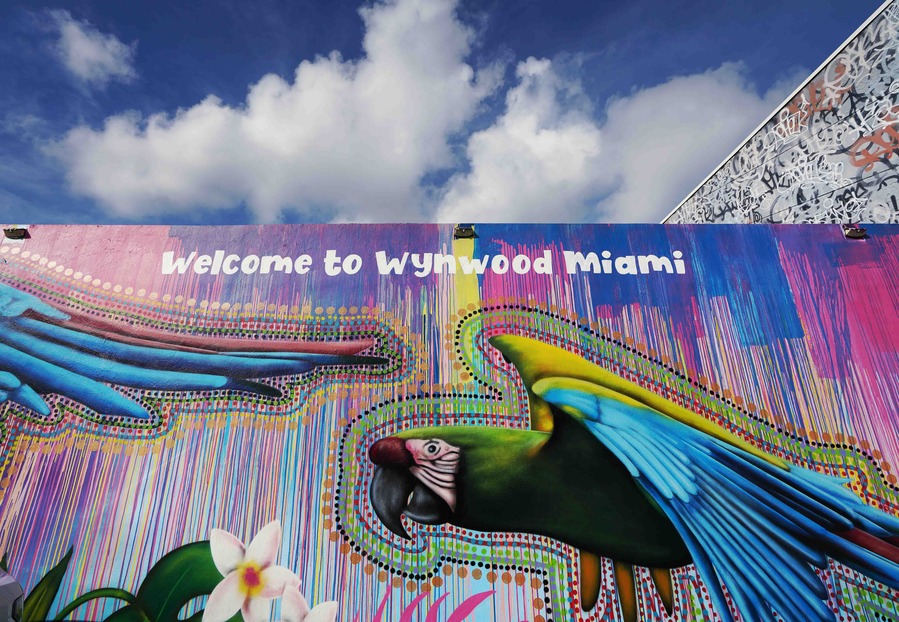 An image of a blue sky and a Wynwood Wall that says 'welcome to Wynwood Miami' with two flying parrots on it. 